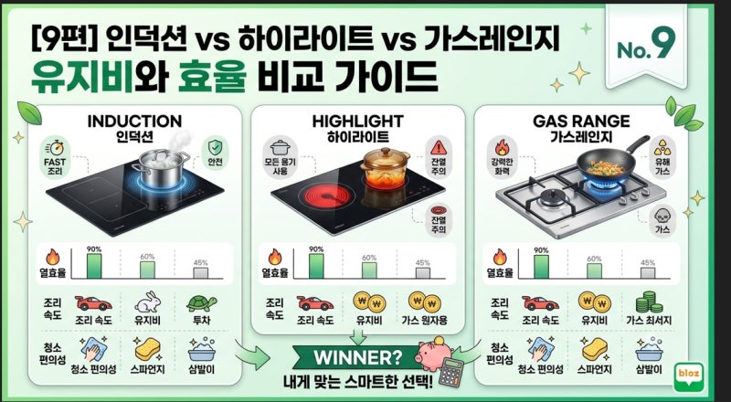 [9편] 인덕션 vs 하이라이트 vs 가스레인지 유지비와 효율 완벽 비교 가이드