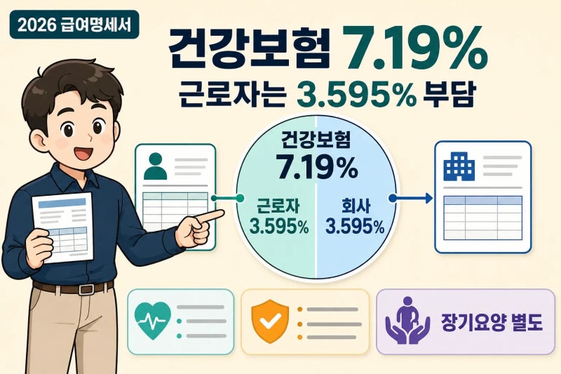 2026 건강보험 7.19%인데 근로자 3.595%만 내는 이유, 급여명세서 계산법