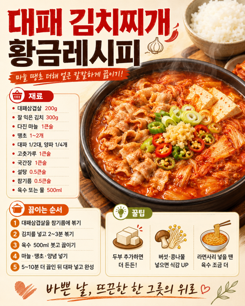 대패 김치찌개 황금레시피: 마늘 땡초 더해 얼큰 칼칼하게 끓이기!