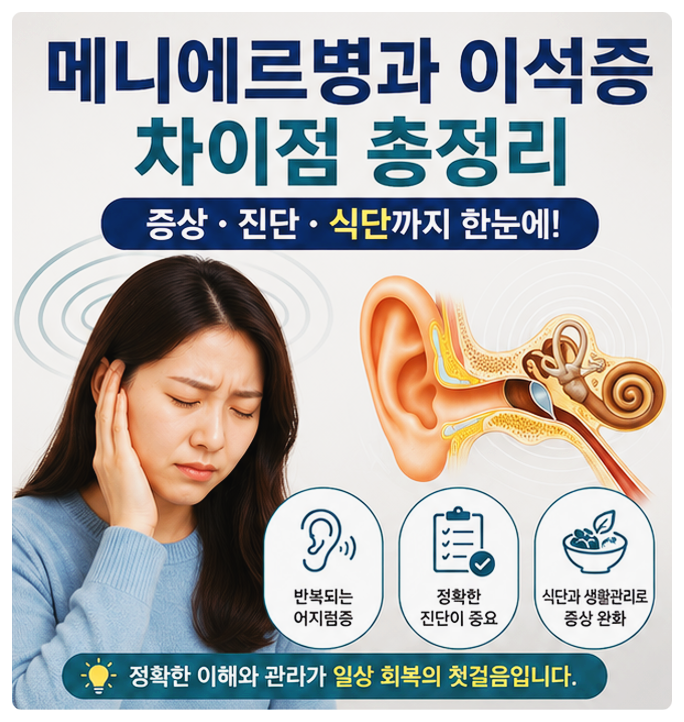 메니에르병과 이석증 차이점 총정리, 증상부터 진단·식단까지