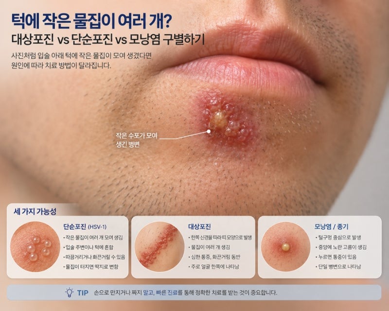 턱에 작은 물집이 여러 개 생겼다면? 대상포진·단순포진·모낭염 구별하기