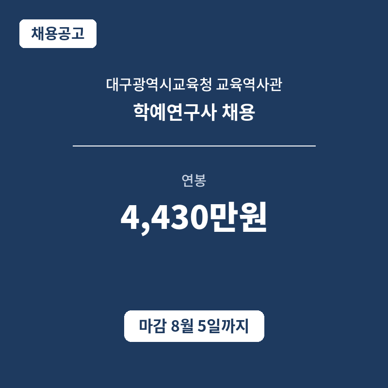 대구광역시교육청 교육역사관 학예연구사 채용 / 연봉 4,430만원 / 8월 5일까지