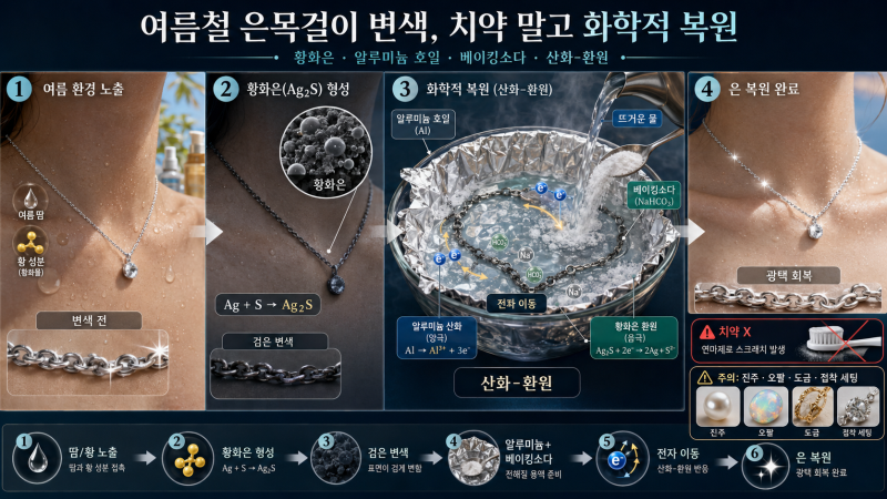 여름철 땀 때문에 까맣게 변한 명품 은목걸이: 치약 쓰지 말고 ‘은 호일’과 베이킹소다의 ....
