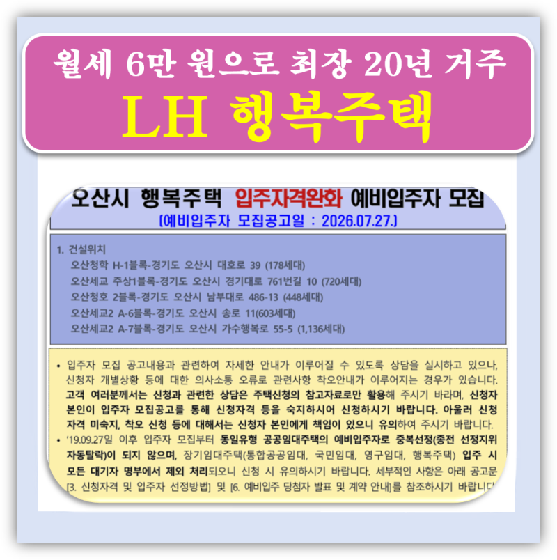 "월세 6만원으로 20년" 오산시 LH 행복주택 입주자격 조건 신청방법