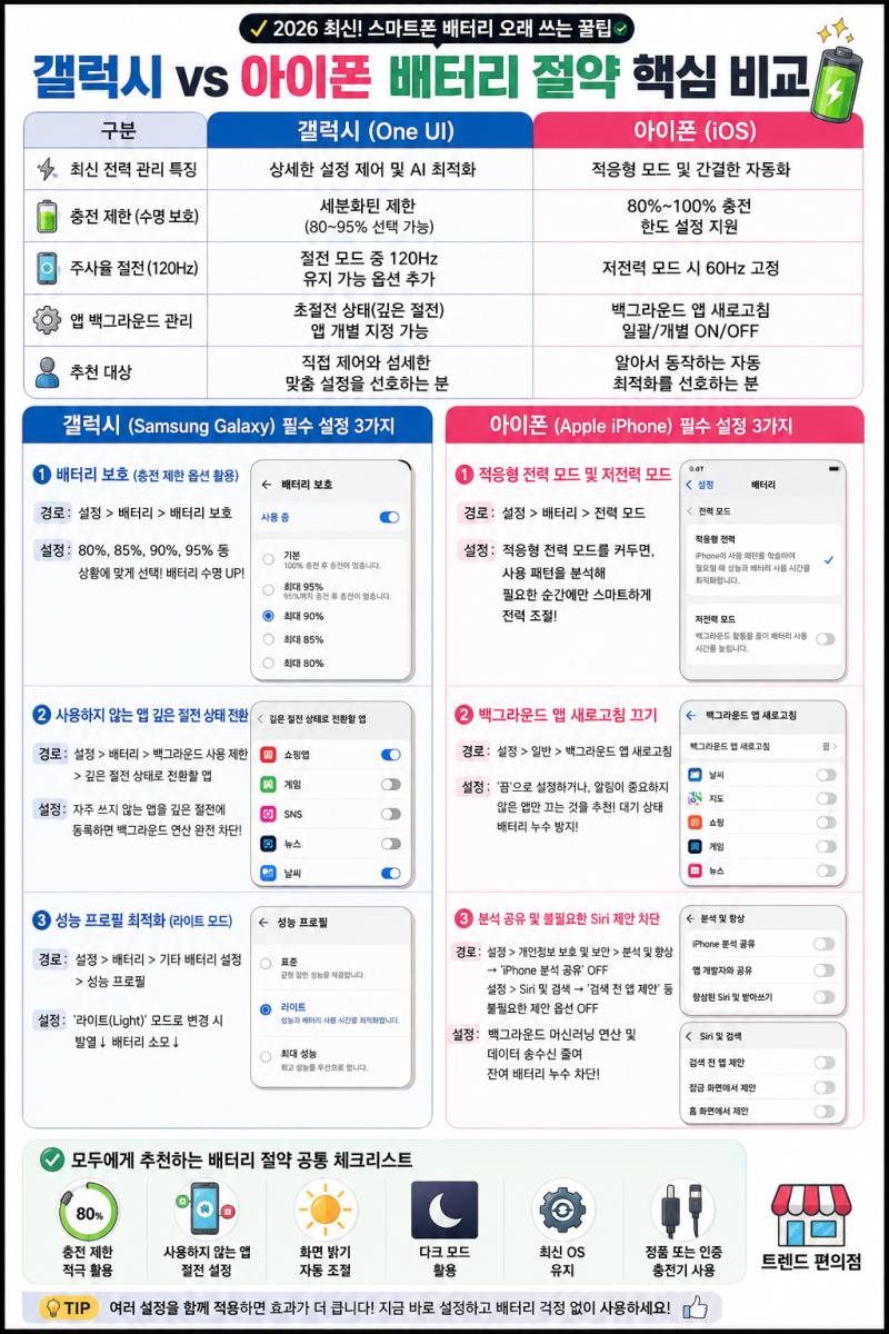 2026 최신 갤럭시 vs 아이폰 배터리 절약 설정 총정리하루 종일 배터리 걱정 없이 사용하는 가....