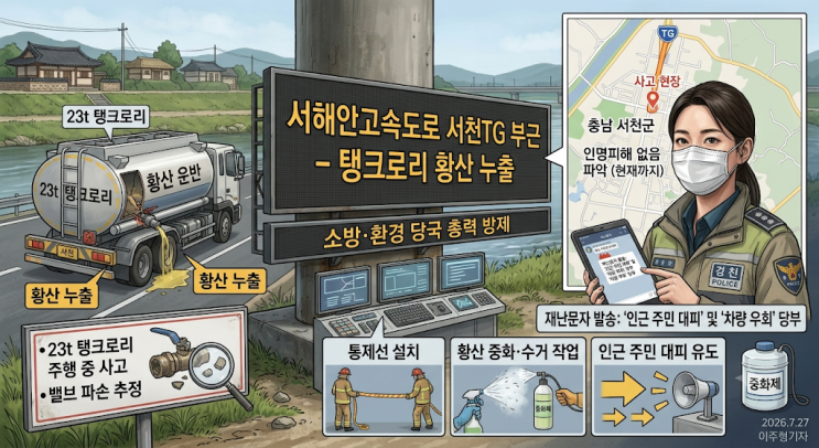 [속보] 서해안고속도로 <b>서천</b>TG 부근 탱크로리 <b>황산 누출</b> 사고... 