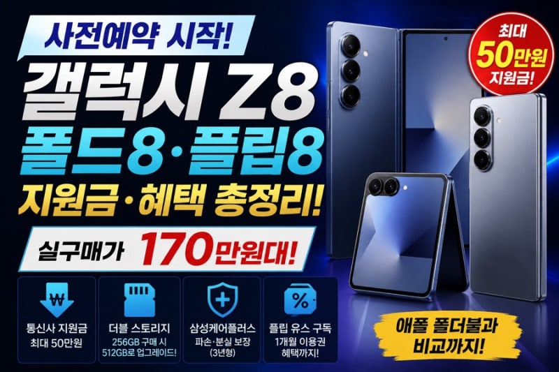 갤럭시 Z 폴드8·플립8 사전예약 총정리! 통신사 지원금 최대 50만 원 실구매가 170만 원 더블스....
