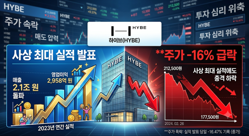 하이브 주가 : 사상 최대 실적 발표에도 주가는 -16%, 급락을 상세히 분석하다.