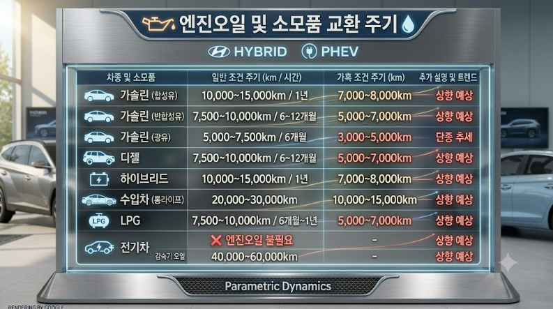 엔진오일 교환주기 차종별 총정리 2026 (가솔린·디젤·하이브리드·수입차)
