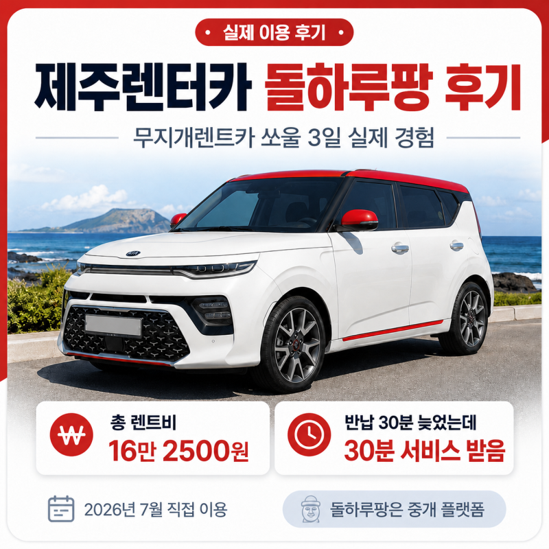 제주렌터카 돌하루팡 후기｜무지개렌트카 쏘울 3일 옵션 및 렌트비, 반납 30분 늦은 실제 경....