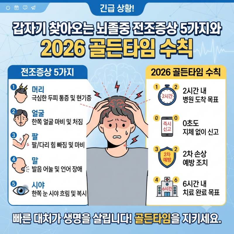 갑자기 찾아오는 뇌졸중 전조증상 5가지와 2026 골든타임 수칙