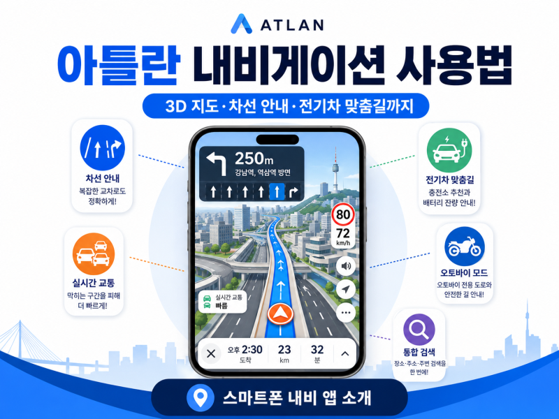 아틀란 내비게이션 사용법｜3D 지도부터 차선 안내·전기차 맞춤길까지