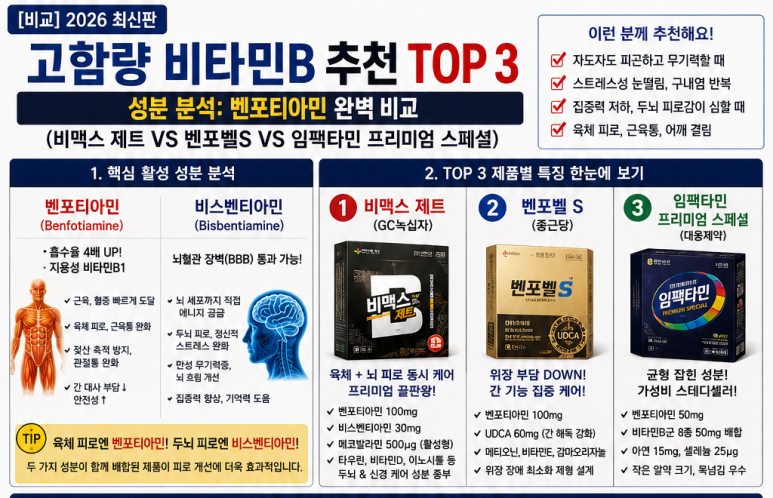 [비교] 2026 고함량 비타민B 추천 TOP 3 순위 성분 분석: 벤포티아민 완벽 비교 (비맥스 제트 VS ....