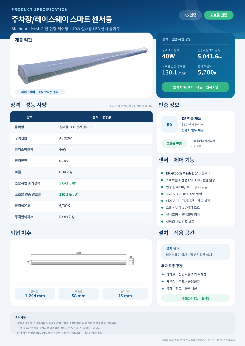 오래된 주차장·레이스웨이 조명 교체, 전기료까지 줄이는 40W 스마트 센서등