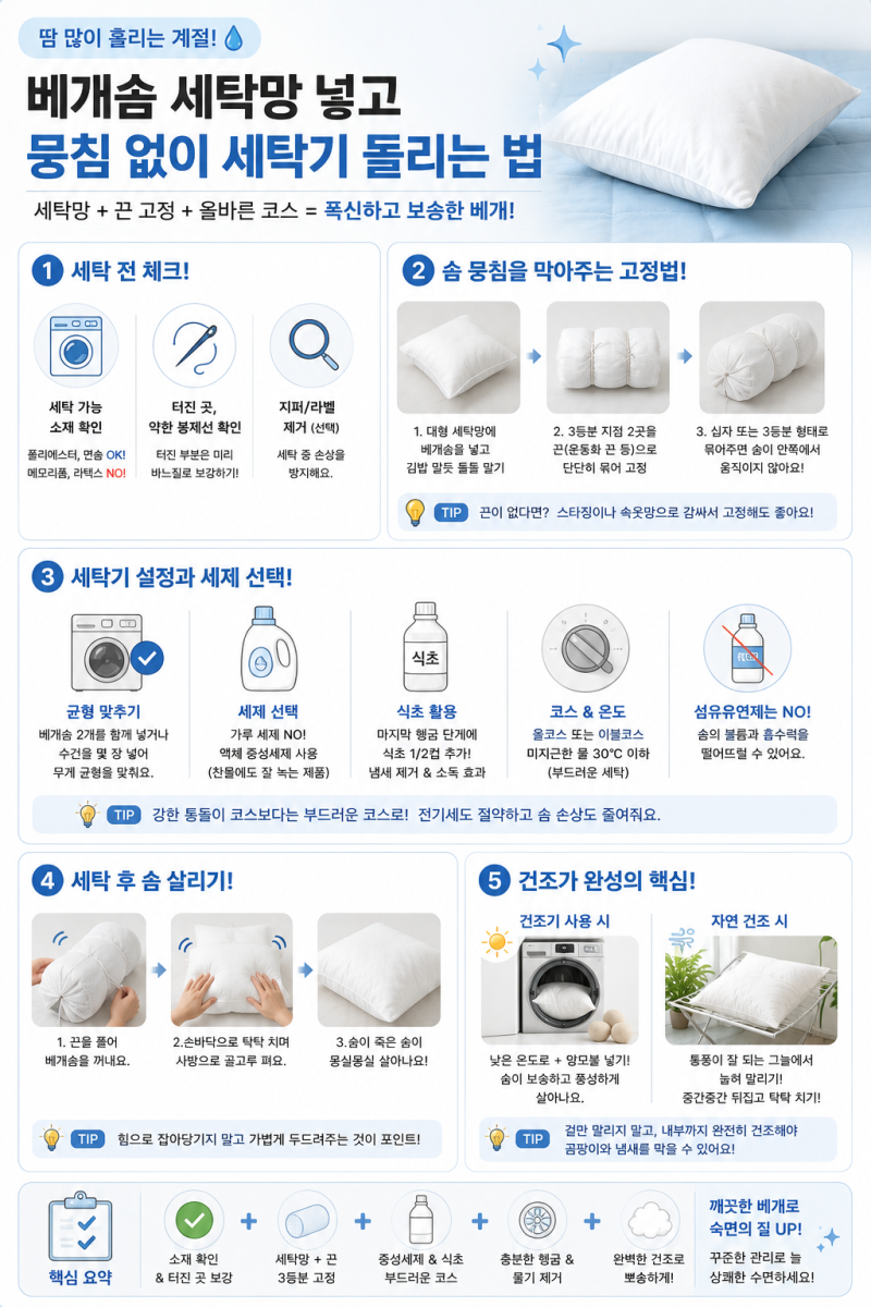 땀 많이 흘리는 계절 베개솜 세탁망 넣고 뭉침 없이 세탁기 돌리는 법