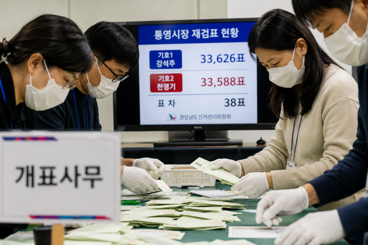 <b>통영시장 재검표 결과</b>는? 44표 차가 38표로 줄었지만 당선자는... 