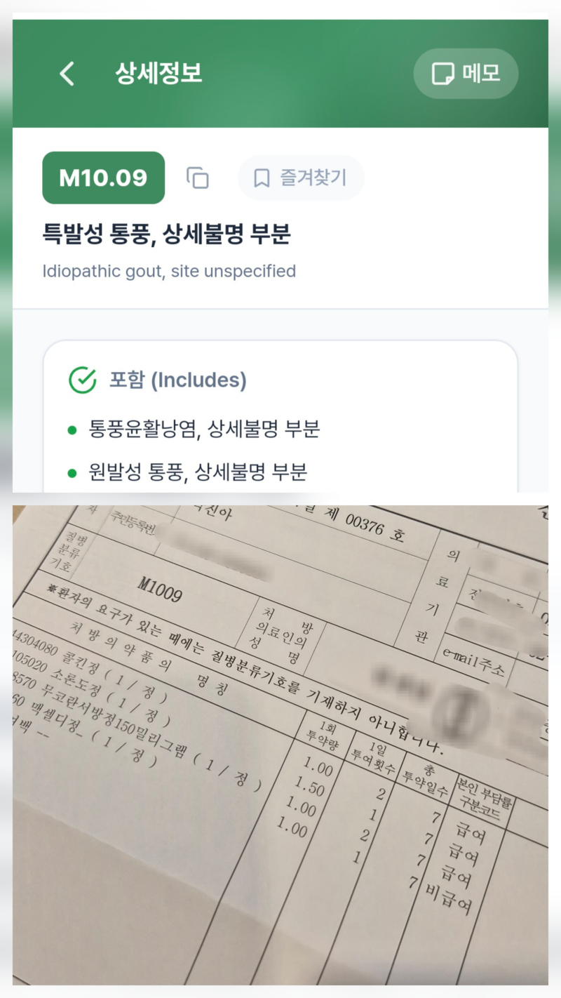 구내염으로 갔는데 통풍 코드