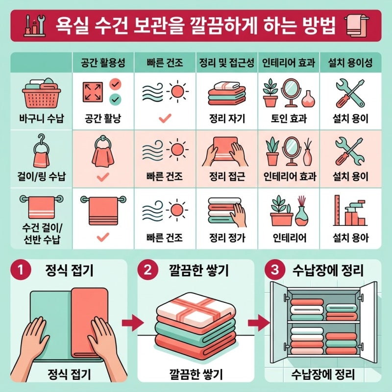 욕실 수건 보관을 깔끔하게 하는 방법, 축축한 화장실에서도 뽀송함이 유지될까?