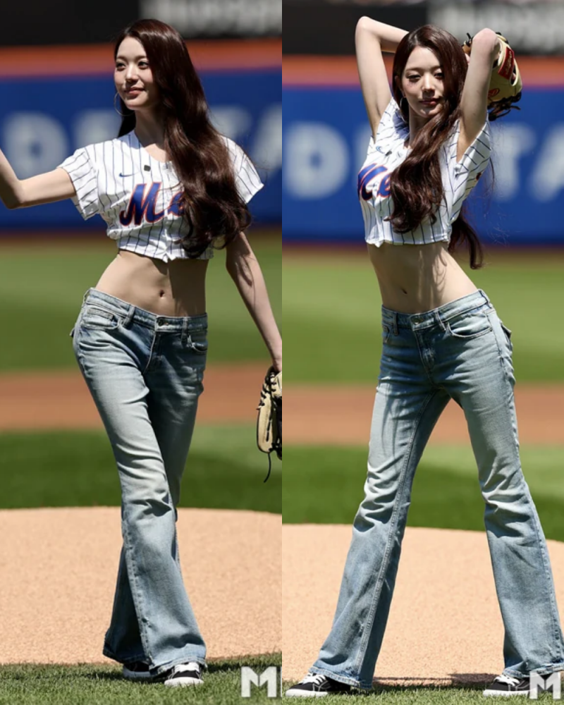 장원영 뉴욕 메츠 시구 패션 로우라이즈 부츠컷 청바지 정보