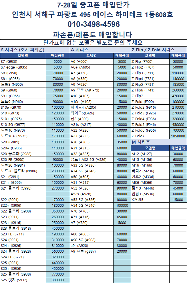 오늘 변경된 중고폰 매입단가 안내 (7월 28일)