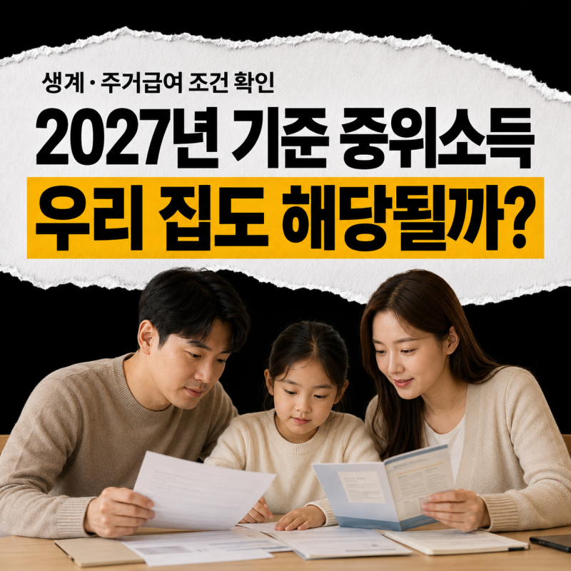 2027년 기준 중위소득 확정 | 1인·2인·3인·4인 가구 생계급여·주거급여 조건