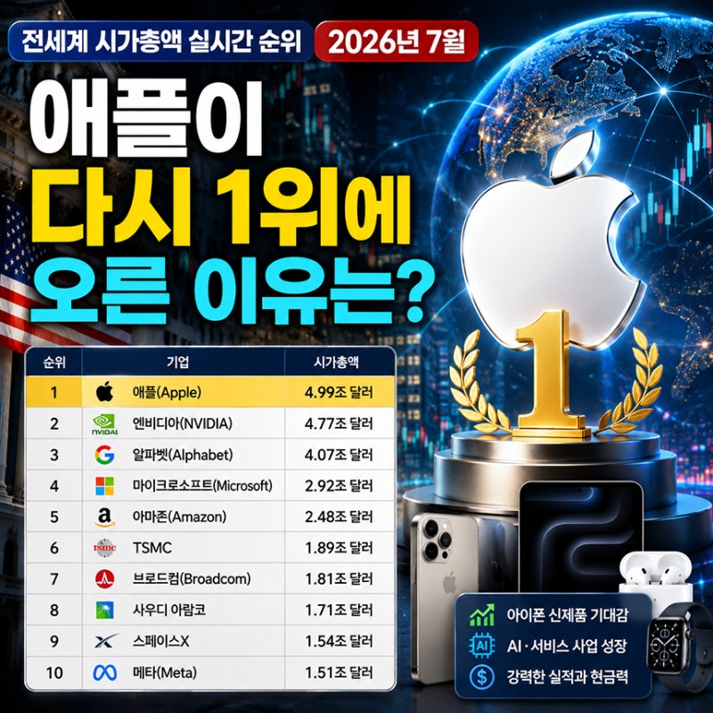 전세계 시가총액 실시간 순위 2026년 7월, 애플이 다시 1위에 오른 이유는?