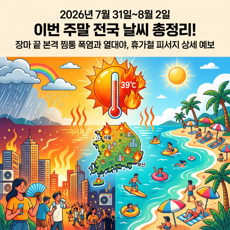 2026년 7월 31일~8월 2일 이번 주말 전국 날씨 총정리! 장마 끝 본격 찜통 폭염과 열대야, 휴가철....