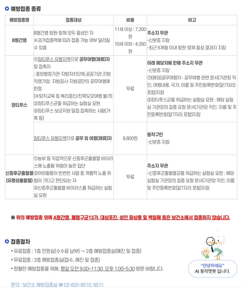동작구 보건소 B형간염 장티푸스 예방주사