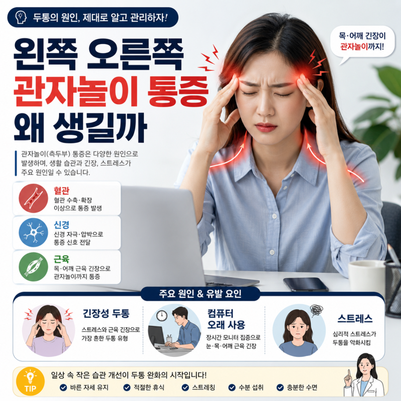 왼쪽 오른쪽 관자놀이 통증, “한쪽만 아픈 이유” 반복되는 두통 원인 확인해보세요