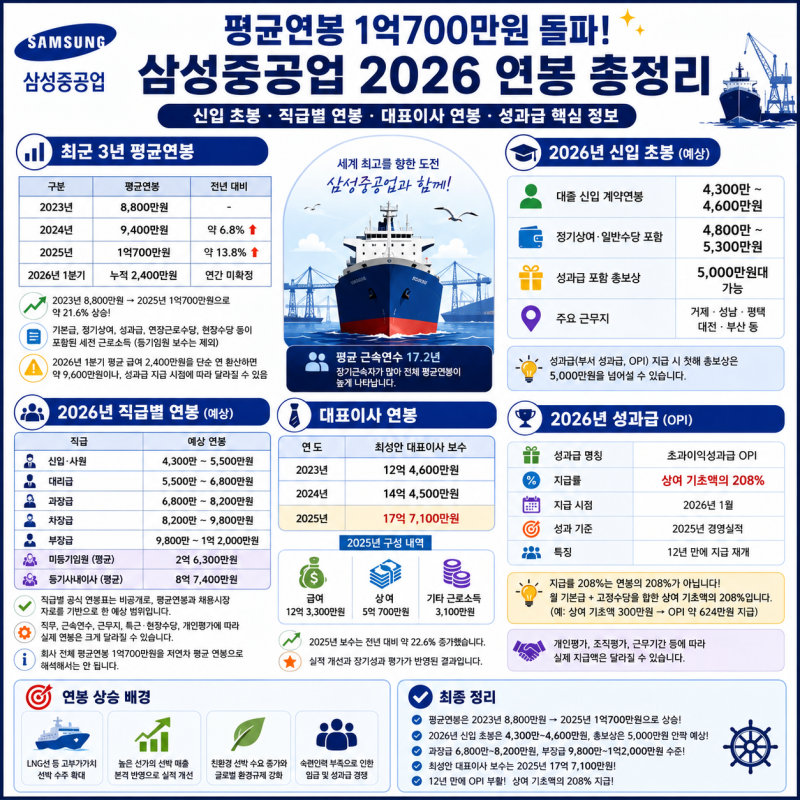 삼성중공업 평균연봉 1억700만원 돌파! 삼성중공업 2026 신입·직급별 연봉과 성과급 총정리
