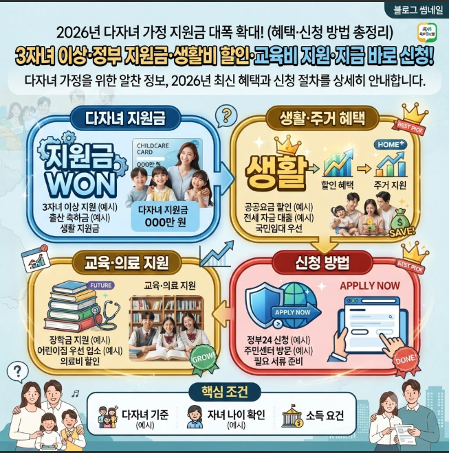 2026년 다자녀 혜택 가정 지원금과 신청 방법