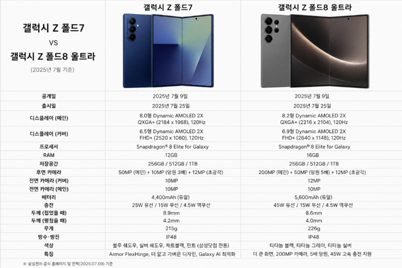 갤럭시 Z 폴드7과 갤럭시 Z 폴드8 울트라 비교, 바꿀 만한 차이는 어디일까