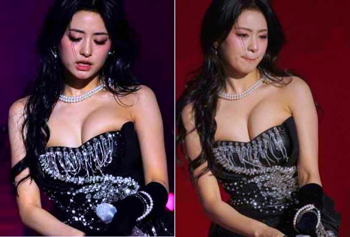 베이비몬스터 아현 공연 의상 논란, 어깨끈 없는 튜브톱 가슴 노출 될까 아찔한 상황 논란