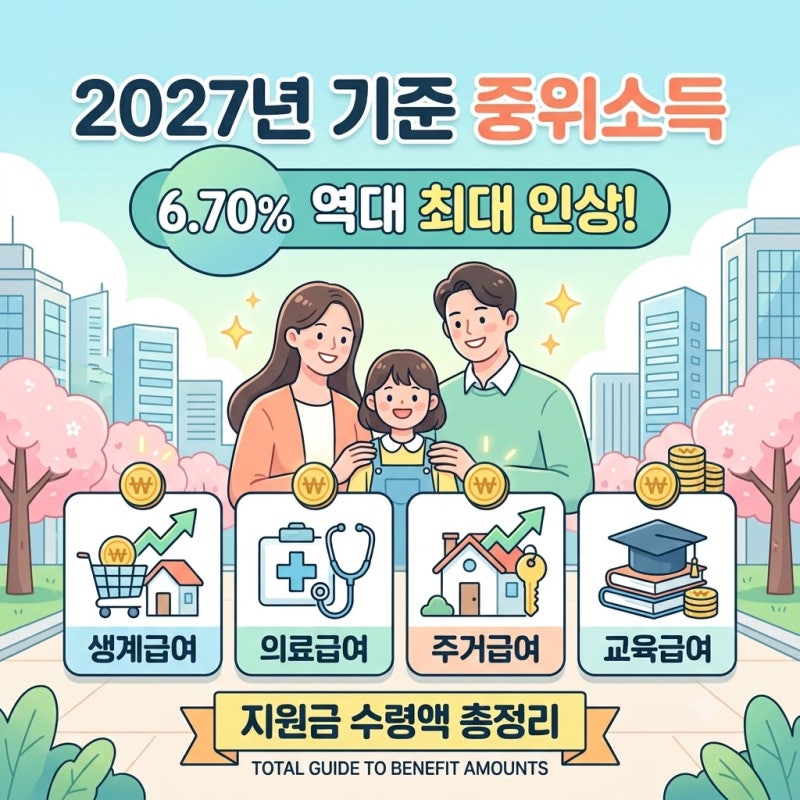 2027년 기준 중위소득 6.70% 역대 최대 인상! 생계·의료·주거·교육급여 지원금 수령액 총정리