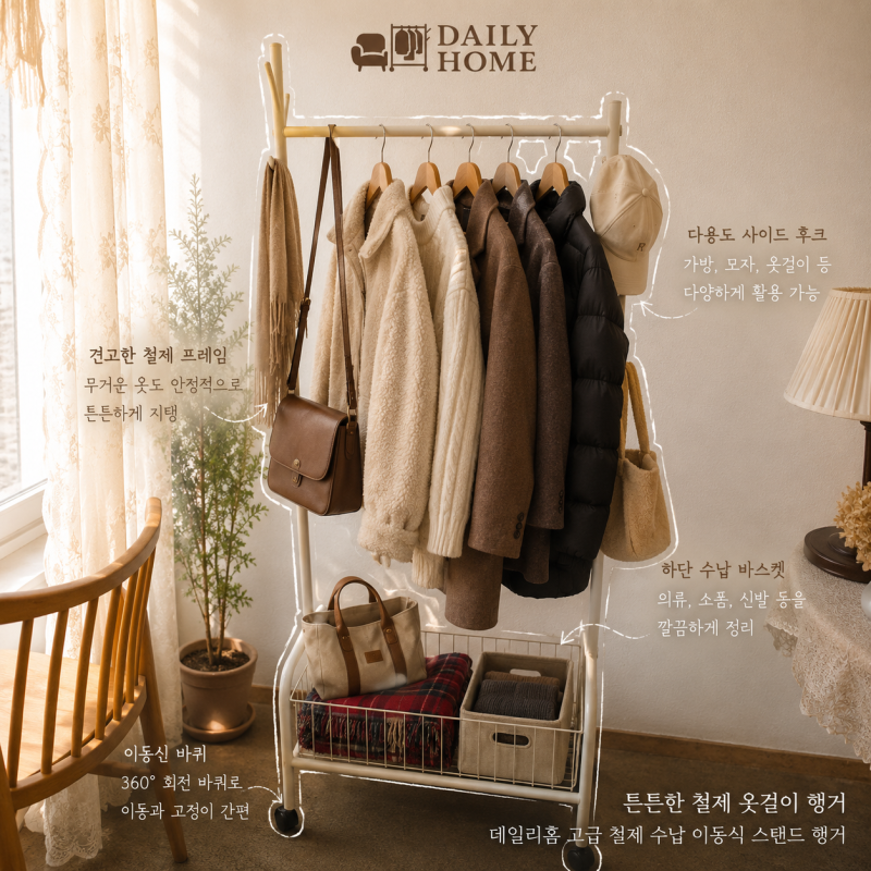 튼튼한 철제 옷걸이 '데일리홈 고급 철제 수납 이동식 스탠드 행거' 1단 화이트 설치 사용 후....