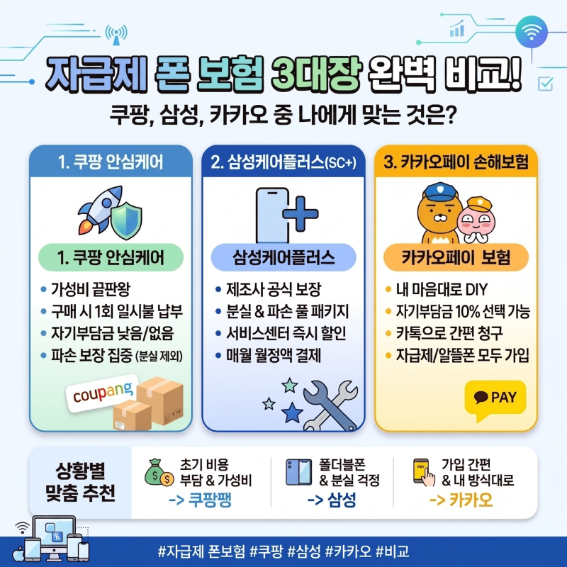 자급제 핸드폰 보험 비교! 쿠팡 안심케어 vs 삼성케어플러스 vs 카카오페이 혜택·가격 총정리