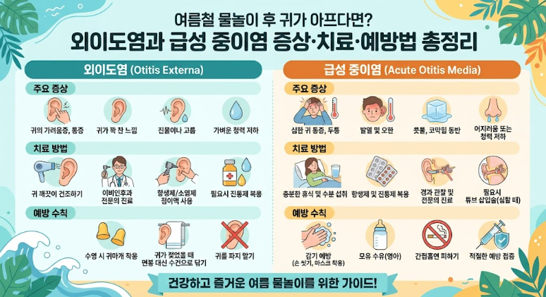 물놀이 후 귀 통증, 귀에 물 들어갔다고 방치하면 위험! 외이도염·급성 중이염 증상과 치료