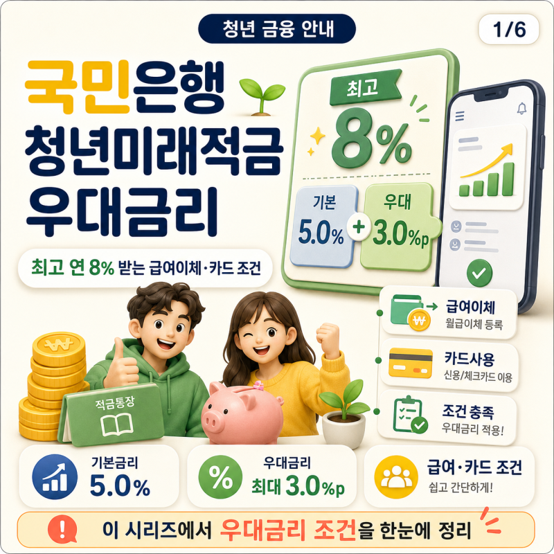 국민은행 청년미래적금 우대금리, 최고 연 8% 받는 급여이체·카드 조건 총정리