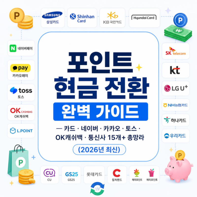 포인트 현금 전환 완벽 가이드 — 카드·네이버·카카오·토스·OK캐쉬백·통신사 15개+ 총망라 ....