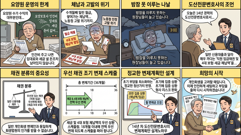 [요양원 대표 임금체불] 요양보호사 월급·4대보험 체납 묶어 해결하는 2026 개인회생 전략