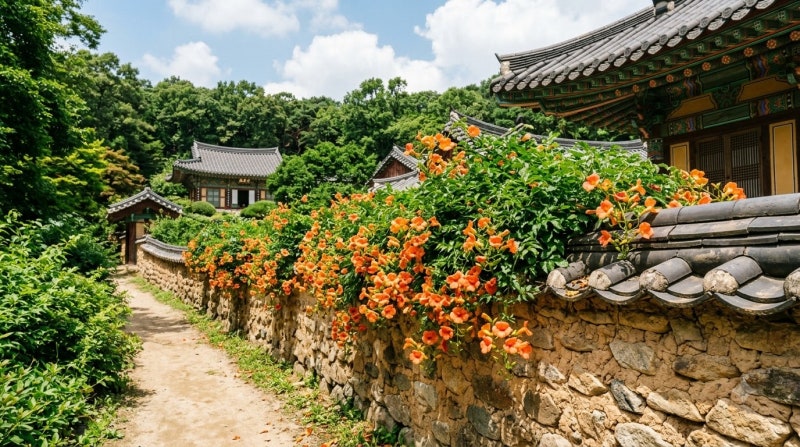 8월 국내여행 | 돌담 너머 주황빛 폭포처럼 쏟아지는 능소화, 전국 사찰 능소화 명소 TOP 3 (수....