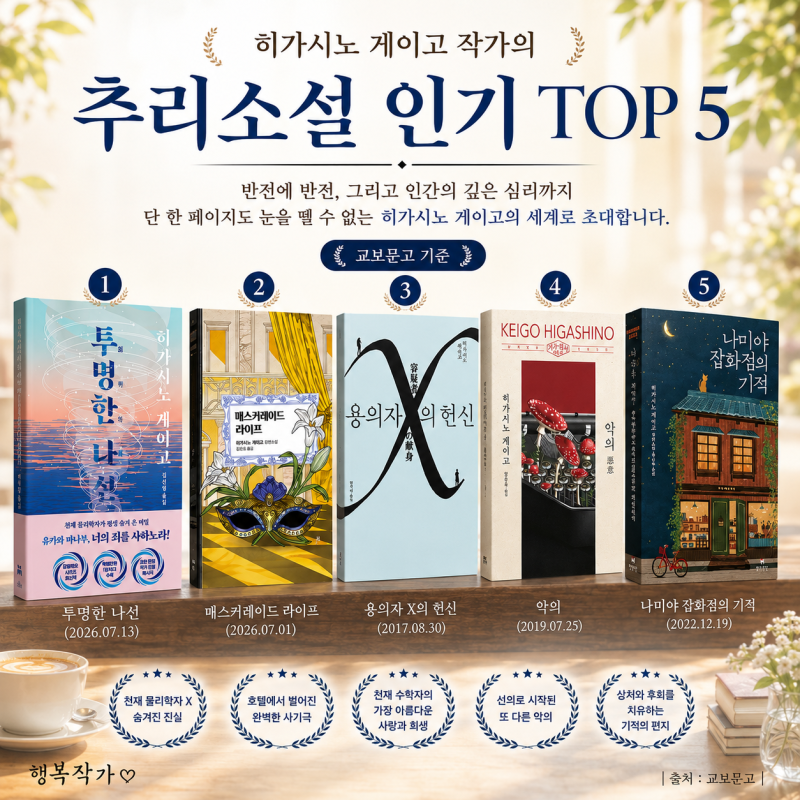 히가시노 게이고 작가의 추리소설 인기 TOP 5(교보문고) 추천도서 | 일본추리소설책 베스트셀....