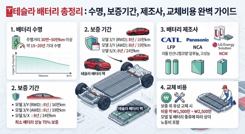 테슬라 배터리 총정리: 수명부터 보증기간,제조사 및 교체비용까지 완벽 가이드