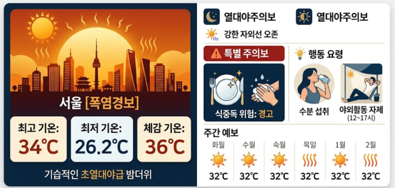 [오늘 날씨] 2026년 7월 29일 서울 폭염경보 발효! 체감 36도 찜통더위·열대야 속 식중독 경고 (....