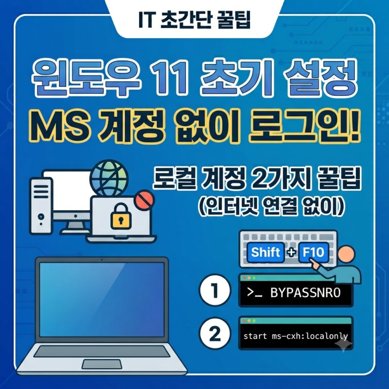 윈도우 11 처음 설치 시 마이크로소프트 계정 없이 로컬 계정으로 로그인하는 법 2가지 (인터....
