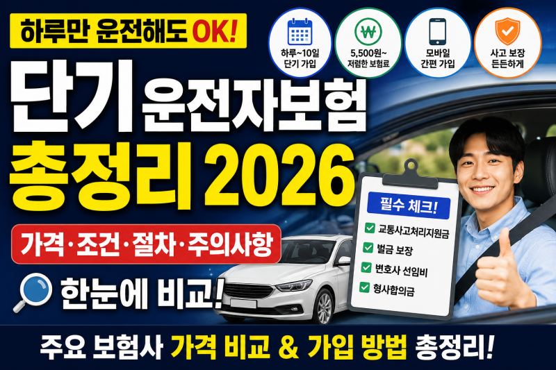 단기 운전자보험 완벽 비교 2026｜렌터카 하루 보험 가격·가입방법 총정리