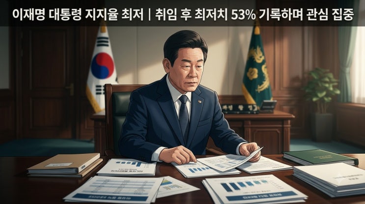 이재명 <b>대통령 지지율 최저</b> | 취임 후 <b>최저</b>치 53% 기록하며... 