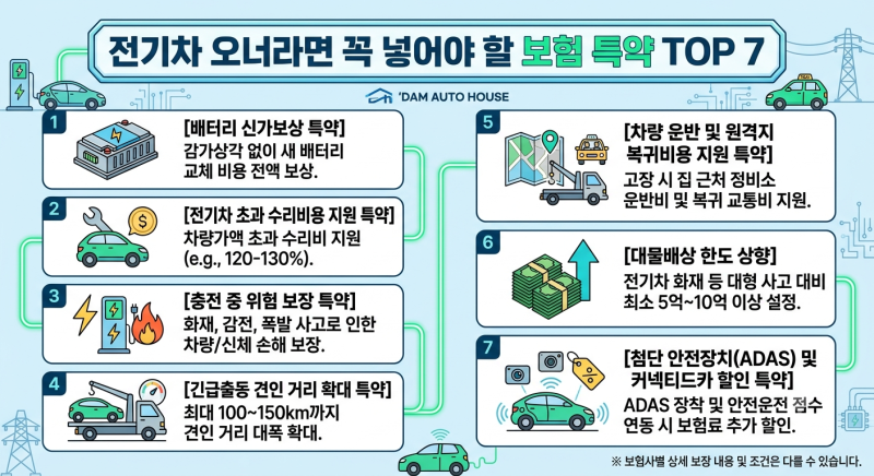전기차 오너 필독! 자동차보험 필수 특약 TOP 7 (배터리·견인·화재 완벽 대비)