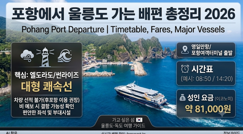포항에서 울릉도 배편 총정리 2026｜엘도라도 시간표·요금·소요시간·결항 확인