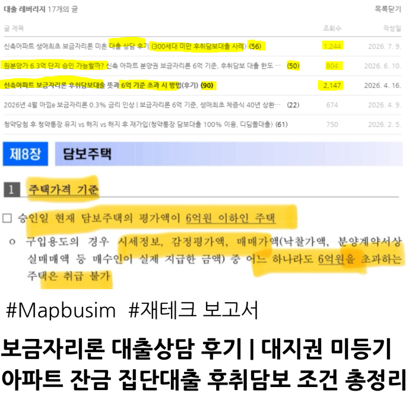 보금자리론 대출상담 후기 | 대지권 미등기 아파트 잔금 집단대출 후취담보 조건 총정리